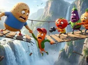 Animated potato-character family scene
